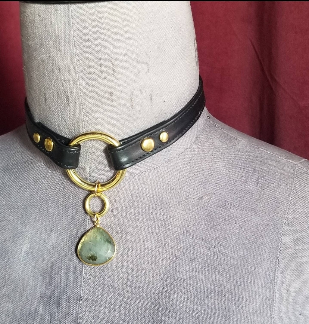 Labradorite gemstone and stitched leather collar. High-end goth lux statement piece.