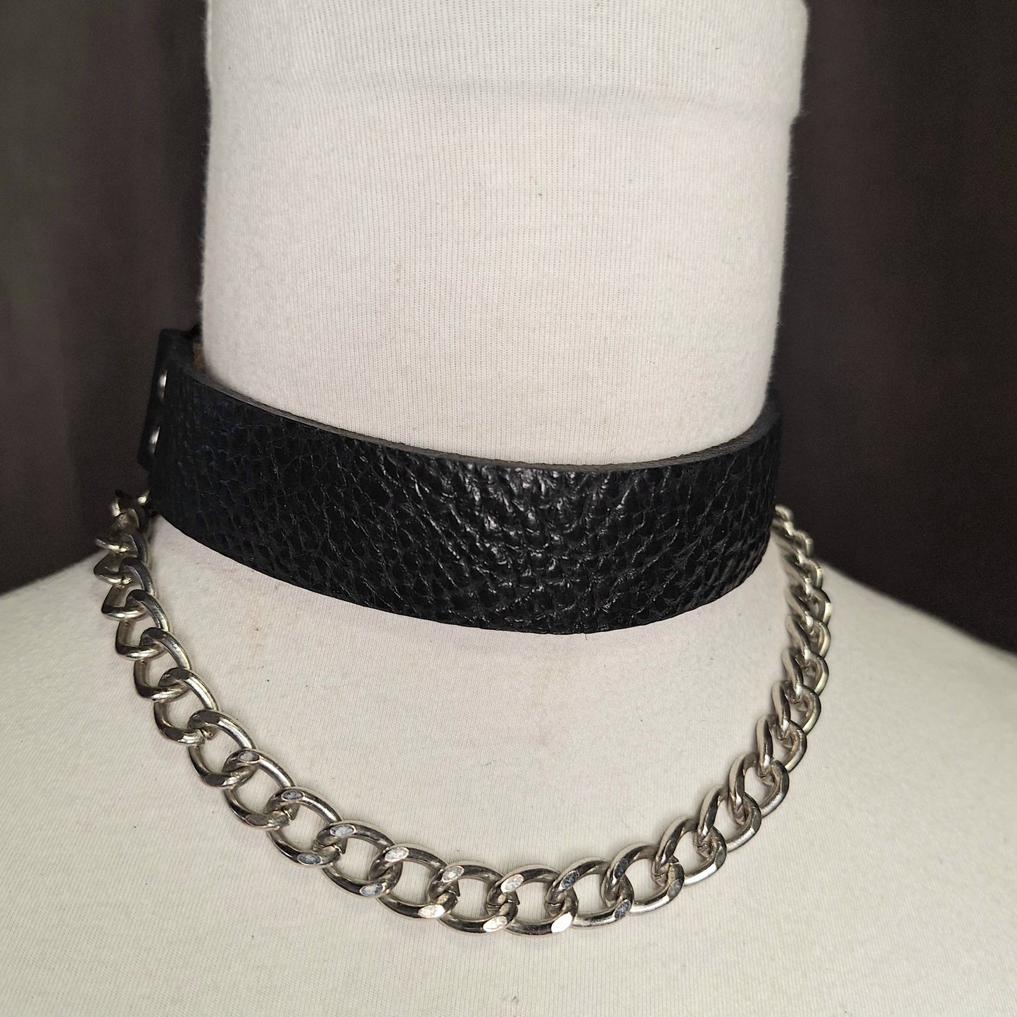 The Joannie. A black leather and silver curb chain, layered necklace. Handmade.