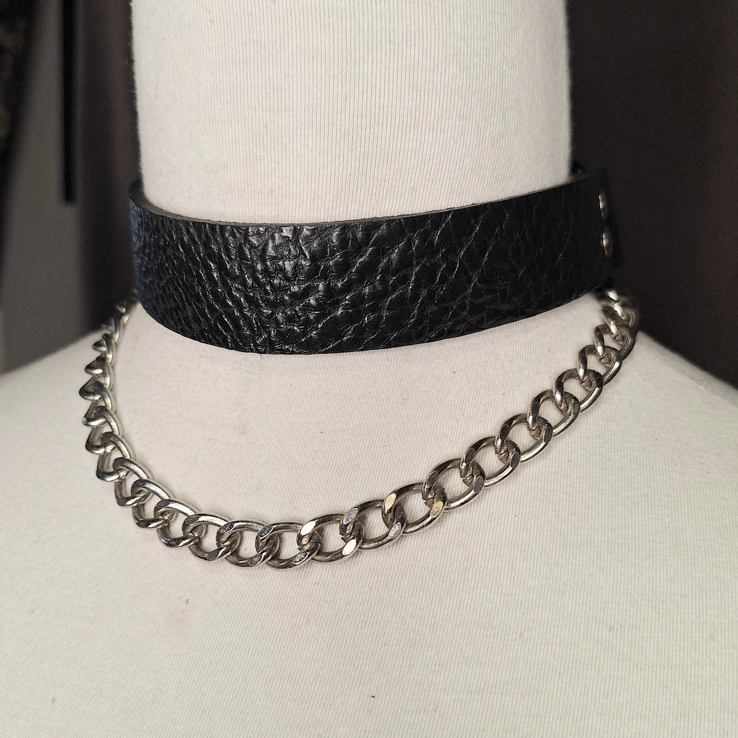 The Joannie. A black leather and silver curb chain, layered necklace. Handmade.