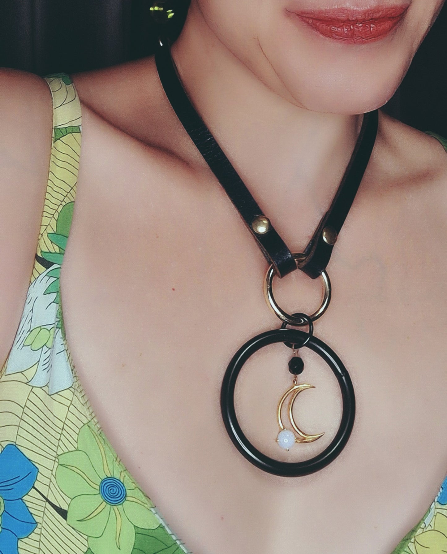 Luna Eclipse Statement Necklace. Leather, steel, Moonstone. Handmade.