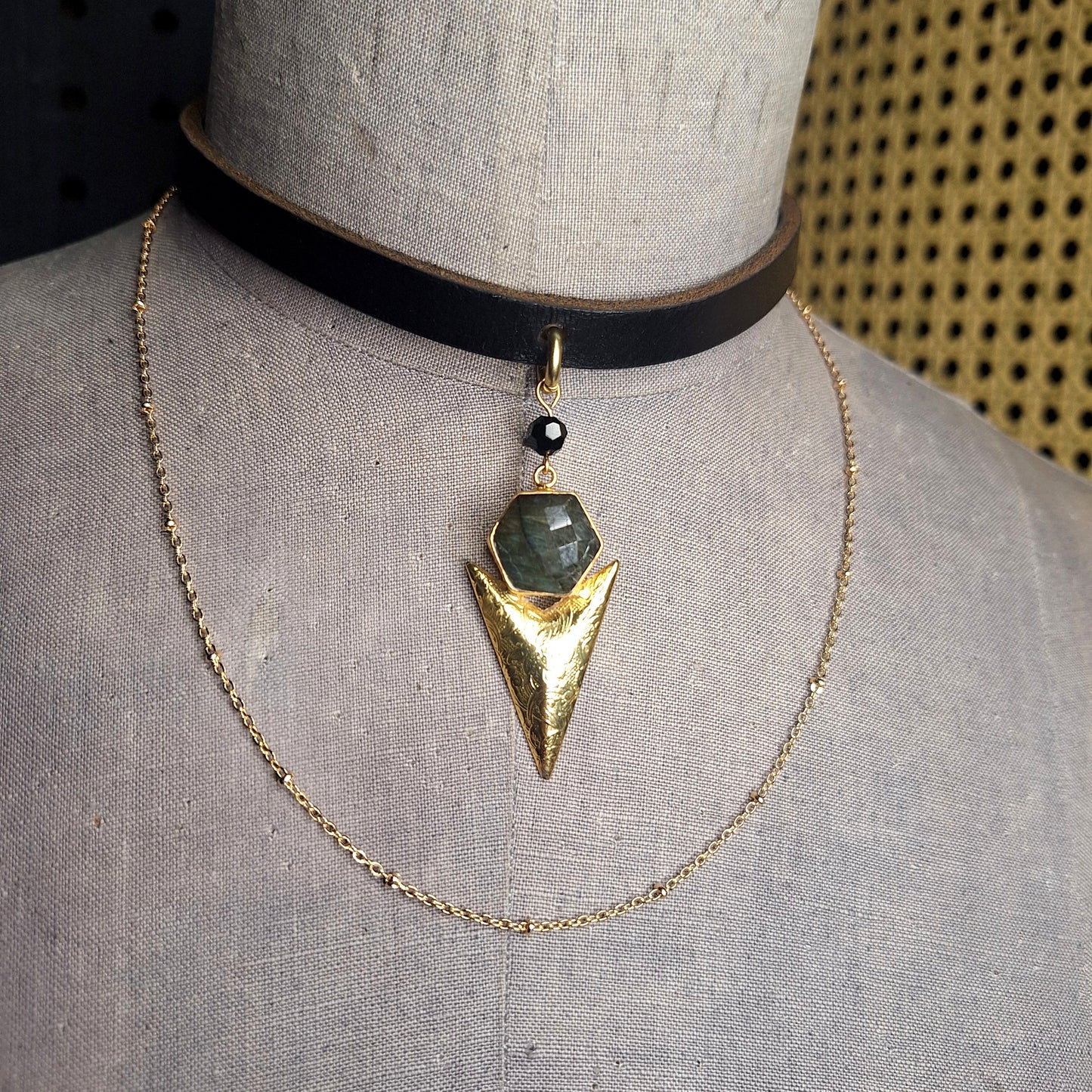 Labradorite Apex — Leather & Gold Statement Necklace