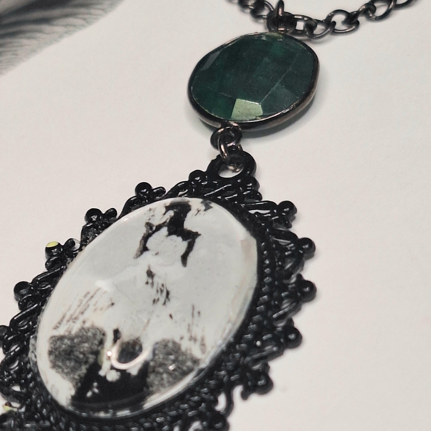 Rorschach Test II. Emerald & Ink Blot Pendant Necklace. Handmade. One-of-a-kind.
