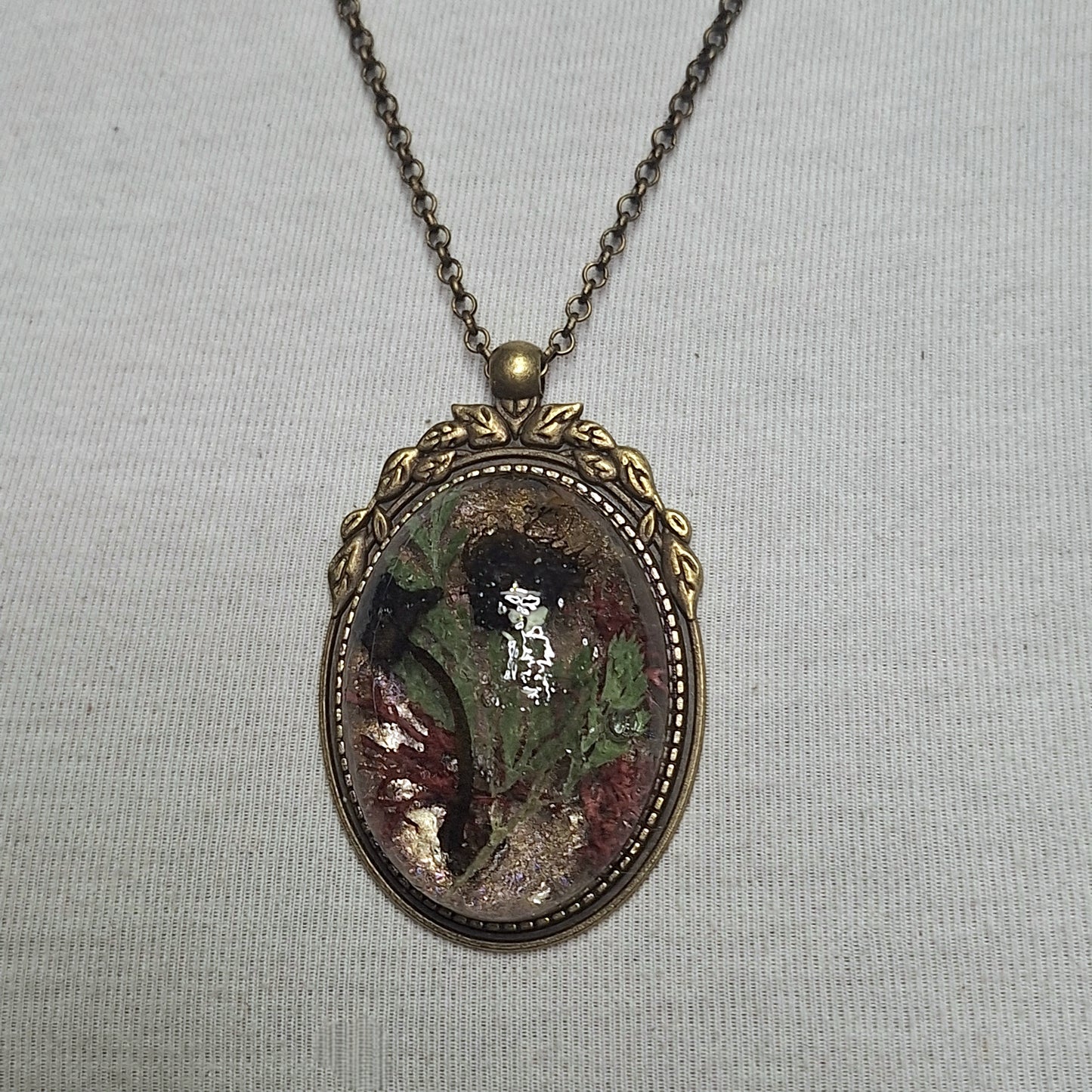 Antique Brass, Ornate Cameo  Pendant with Real Venus Fly Trap Specimens and Flowers. Handmade. One-of-a-kind.