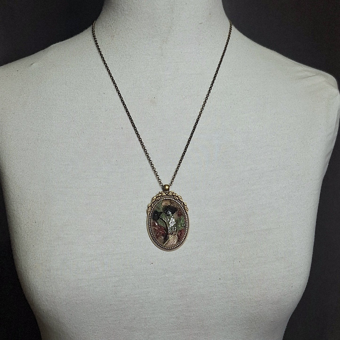 Antique Brass, Ornate Cameo  Pendant with Real Venus Fly Trap Specimens and Flowers. Handmade. One-of-a-kind.