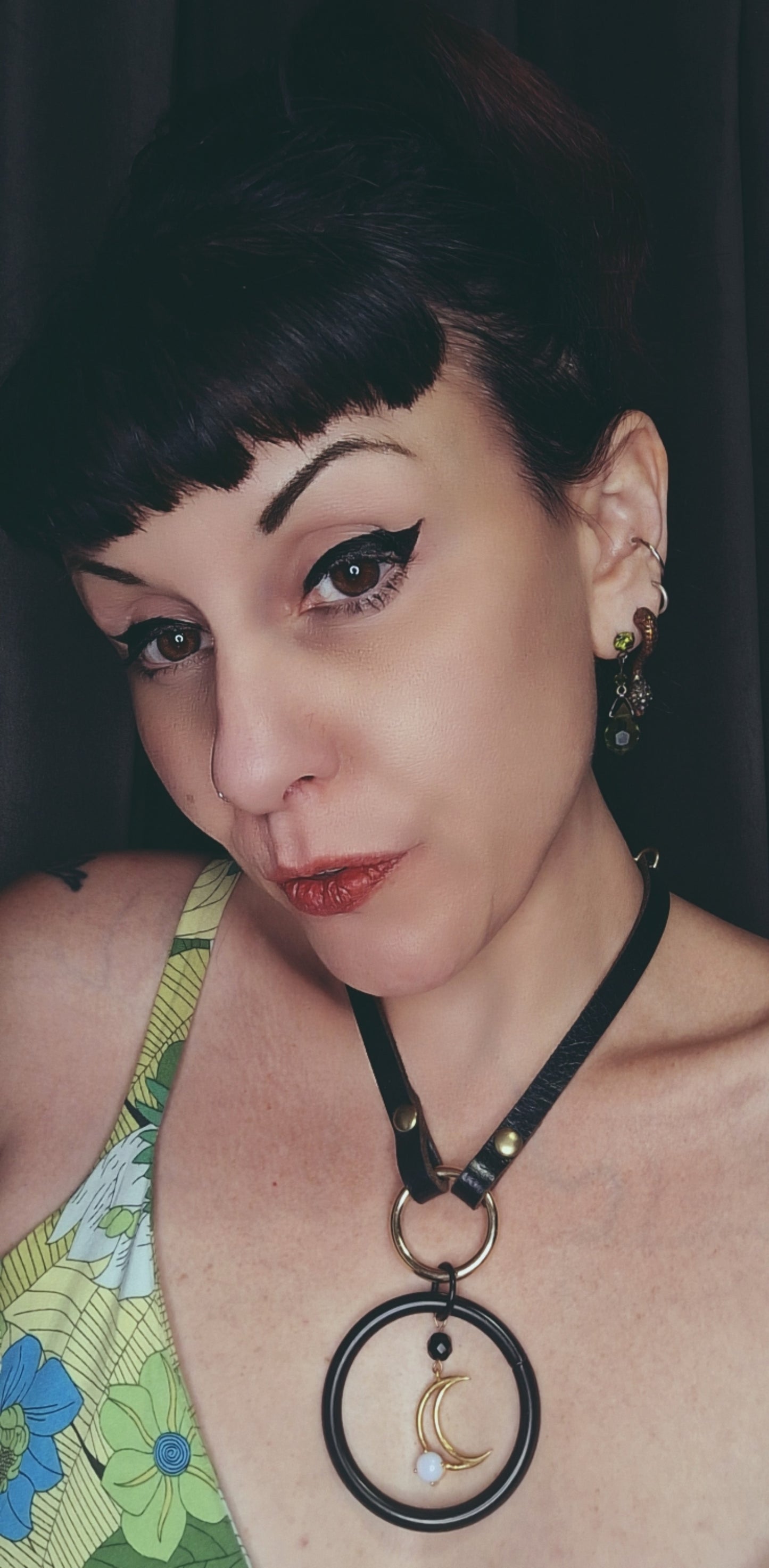 Luna Eclipse Statement Necklace. Leather, steel, Moonstone. Handmade.
