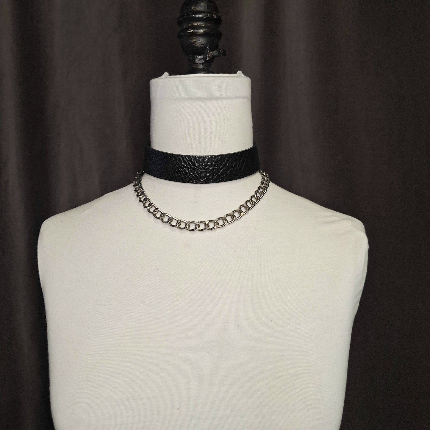 The Joannie. A black leather and silver curb chain, layered necklace. Handmade.