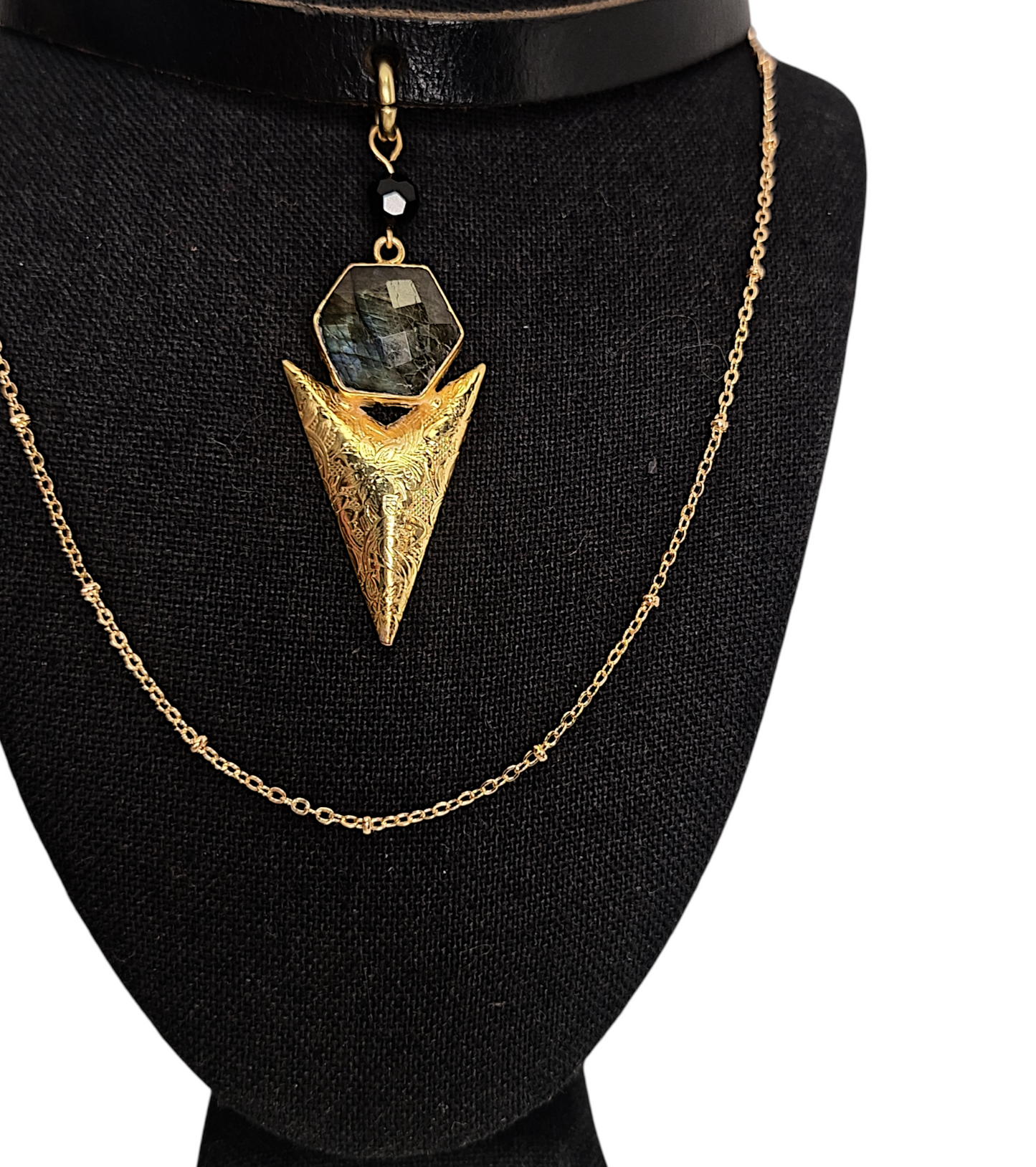 Labradorite Apex — Leather & Gold Statement Necklace