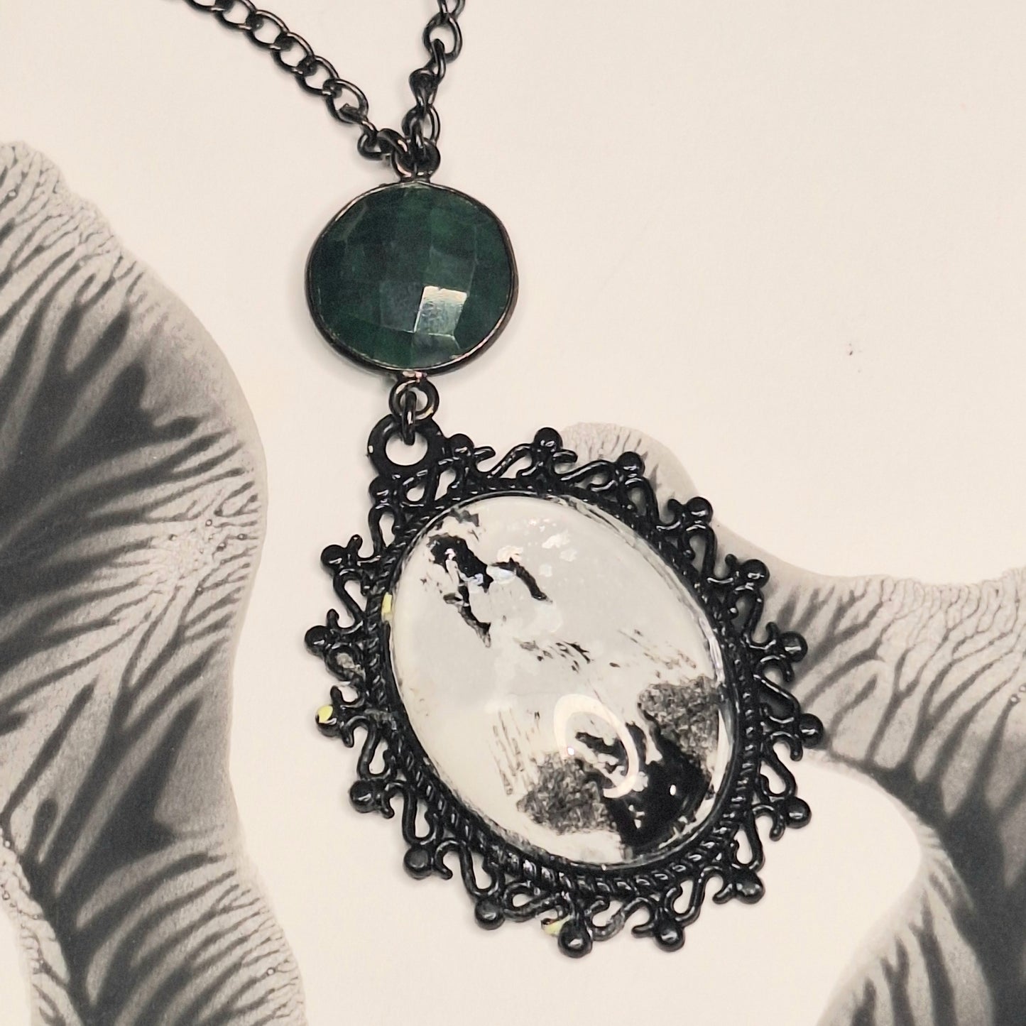 Rorschach Test II. Emerald & Ink Blot Pendant Necklace. Handmade. One-of-a-kind.