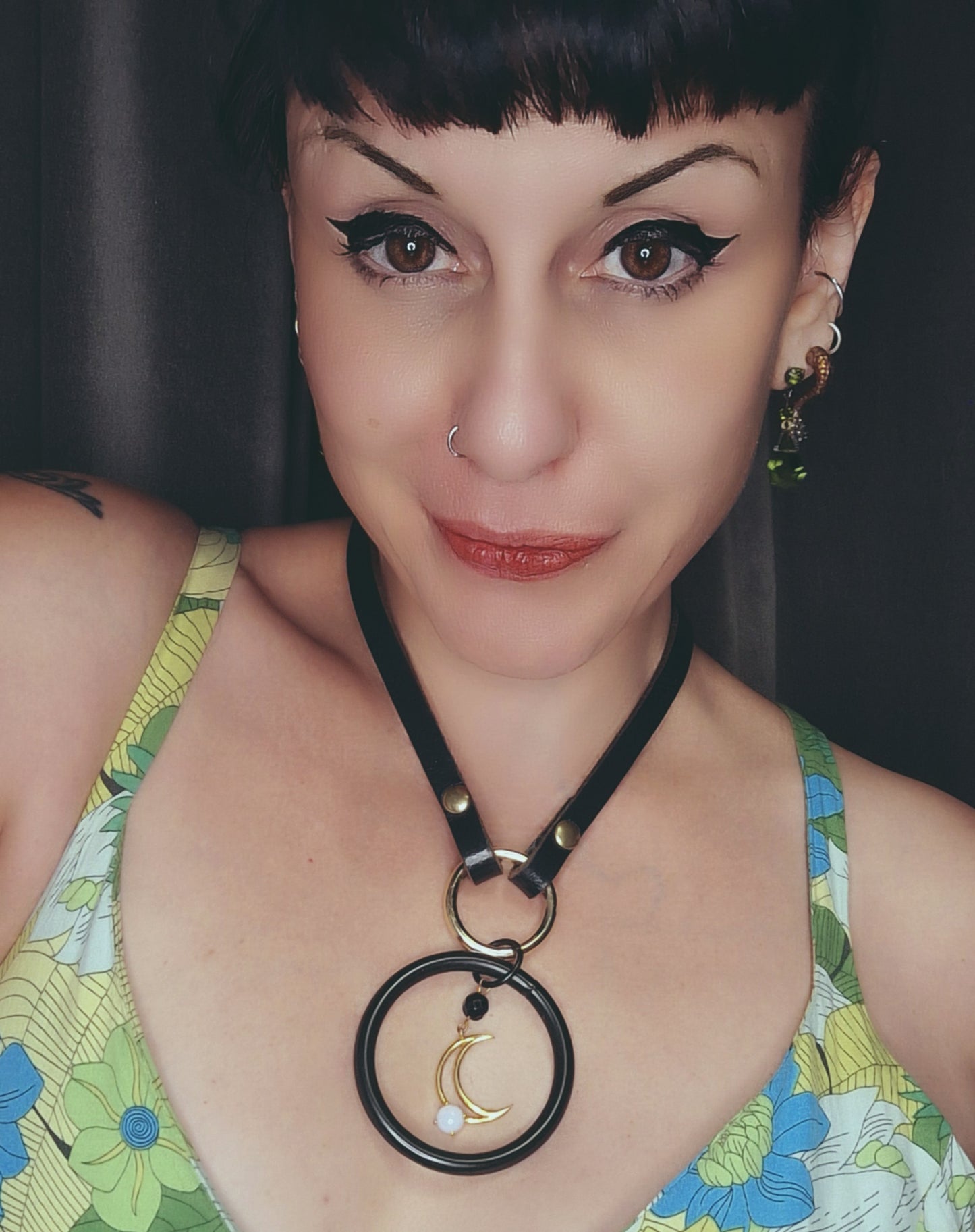 Luna Eclipse Statement Necklace. Leather, steel, Moonstone. Handmade.