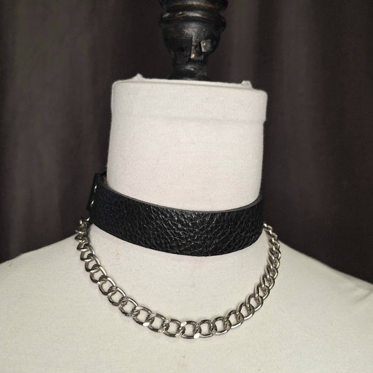 The Joannie. A black leather and silver curb chain, layered necklace. Handmade.