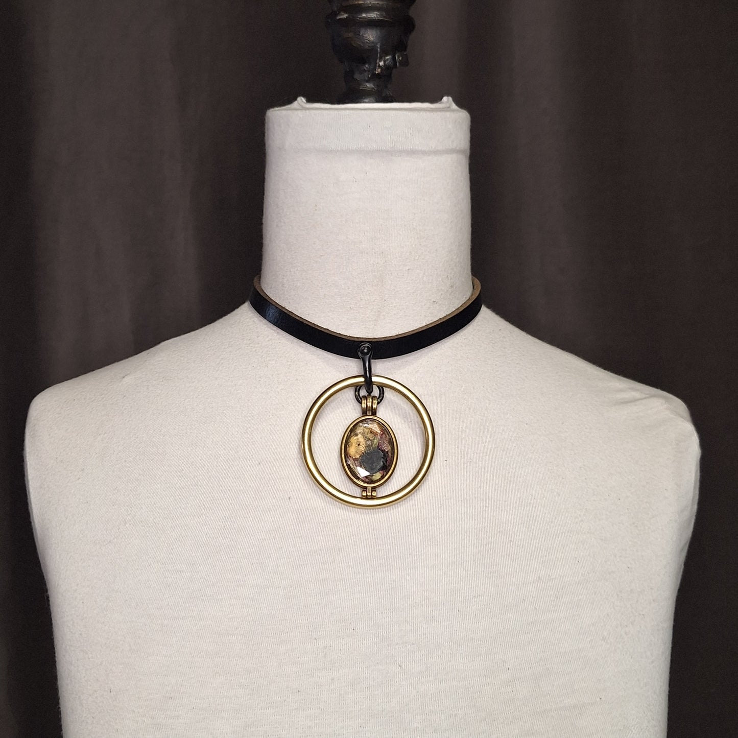 Venus fly trap and flower glass locket, leather necklace. Solid brass oring. Goth elegance.