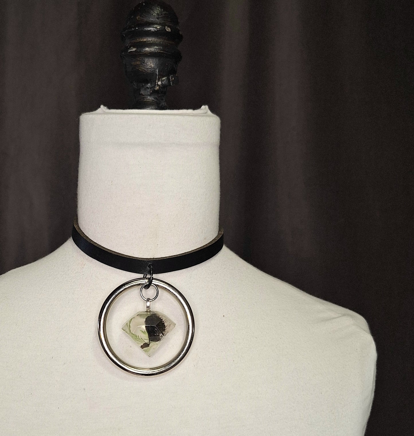 Silver O-ring leather necklace with Venus Fly Trap resin jewel pendant.