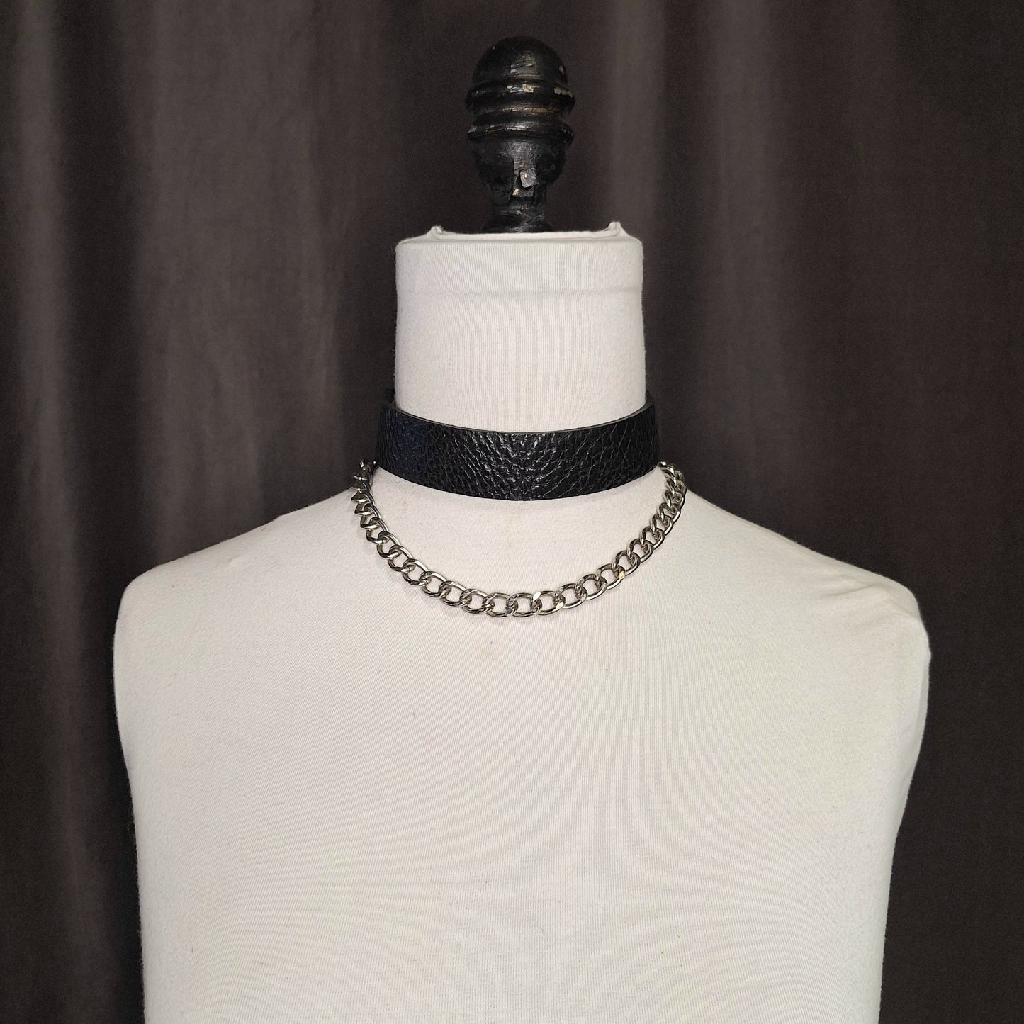 The Joannie. A black leather and silver curb chain, layered necklace. Handmade.