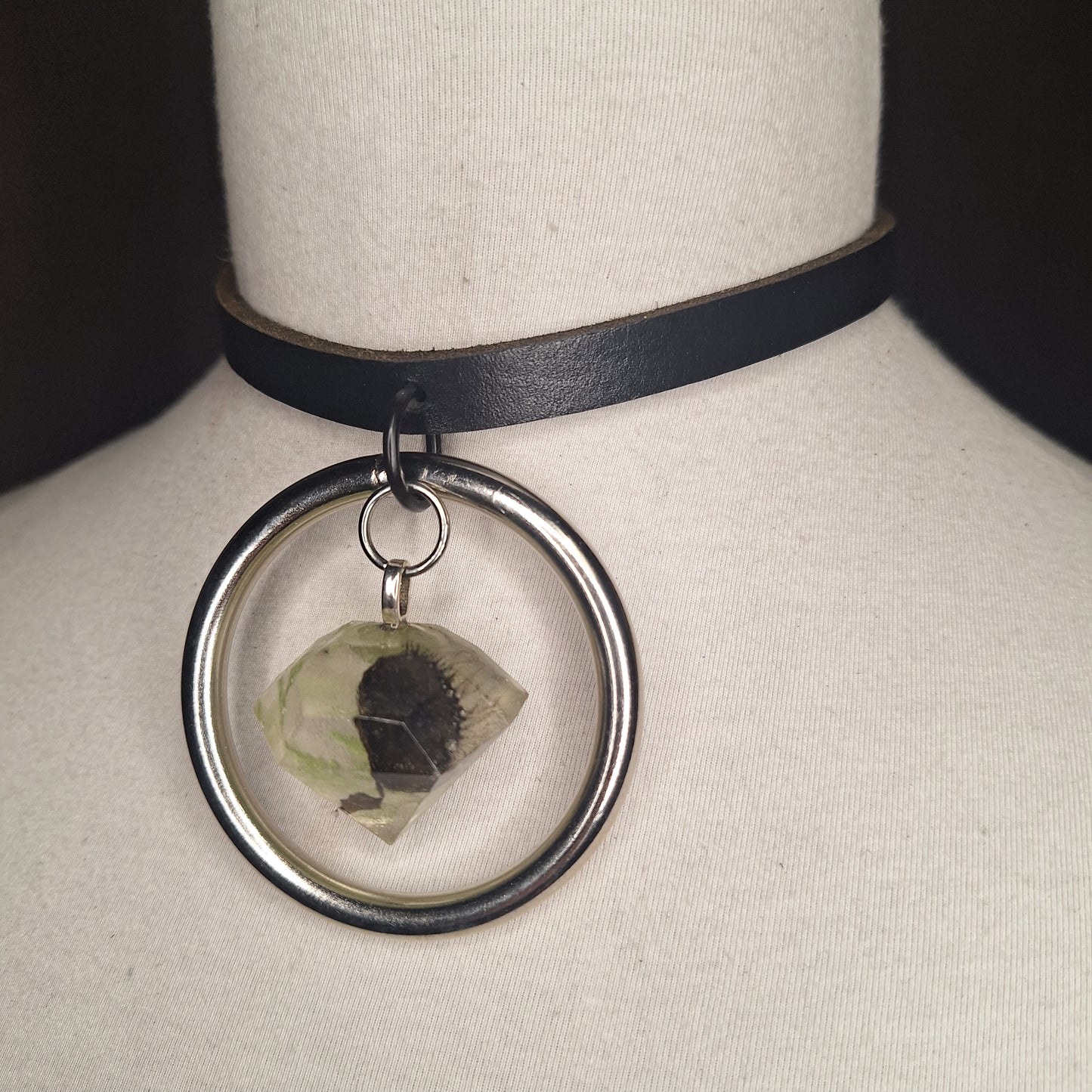 Silver O-ring leather necklace with Venus Fly Trap resin jewel pendant.