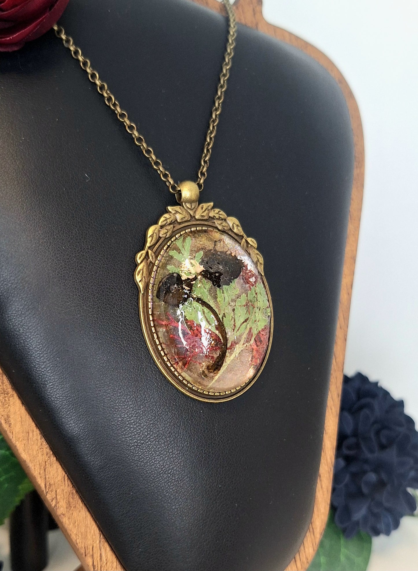 Antique Brass, Ornate Cameo  Pendant with Real Venus Fly Trap Specimens and Flowers. Handmade. One-of-a-kind.