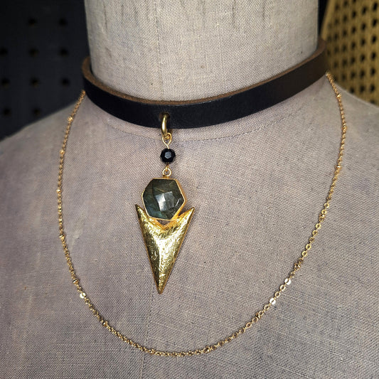 Labradorite Apex — Leather & Gold Statement Necklace