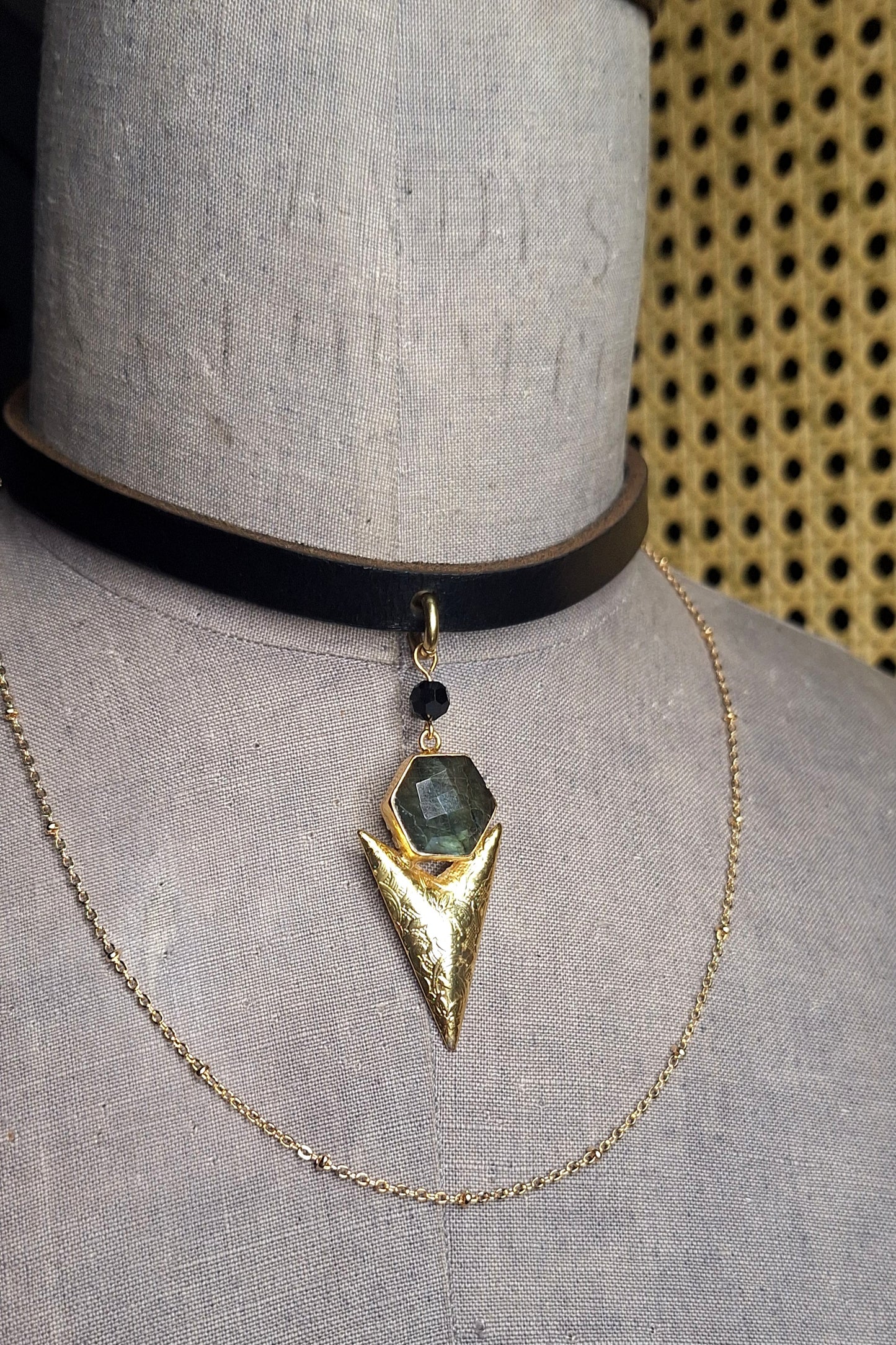 Labradorite Apex — Leather & Gold Statement Necklace