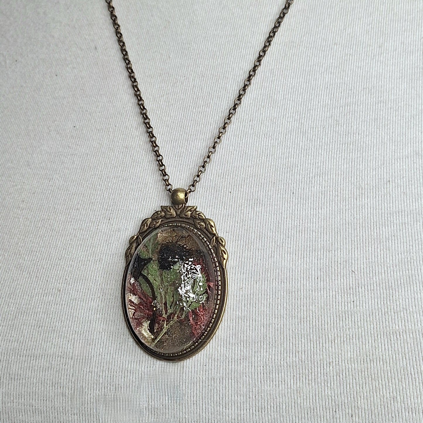 Antique Brass, Ornate Cameo  Pendant with Real Venus Fly Trap Specimens and Flowers. Handmade. One-of-a-kind.