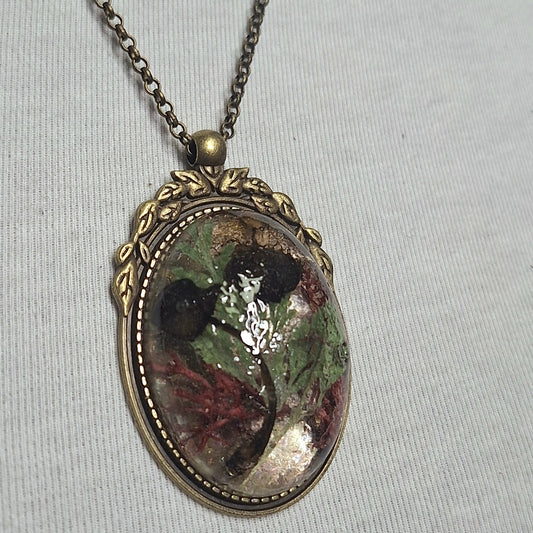 Antique Brass, Ornate Cameo  Pendant with Real Venus Fly Trap Specimens and Flowers. Handmade. One-of-a-kind.