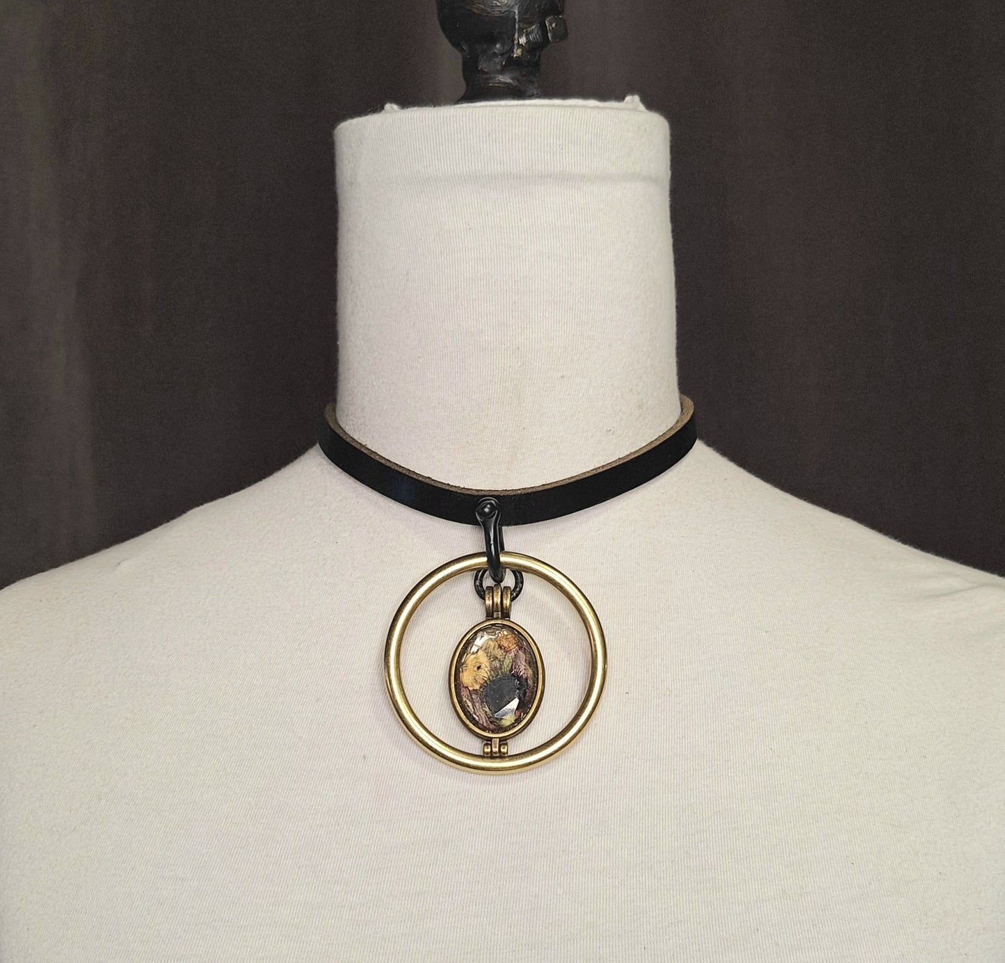 Venus fly trap and flower glass locket, leather necklace. Solid brass oring. Goth elegance.