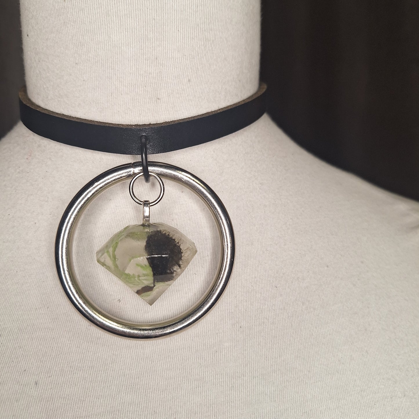 Silver O-ring leather necklace with Venus Fly Trap resin jewel pendant.