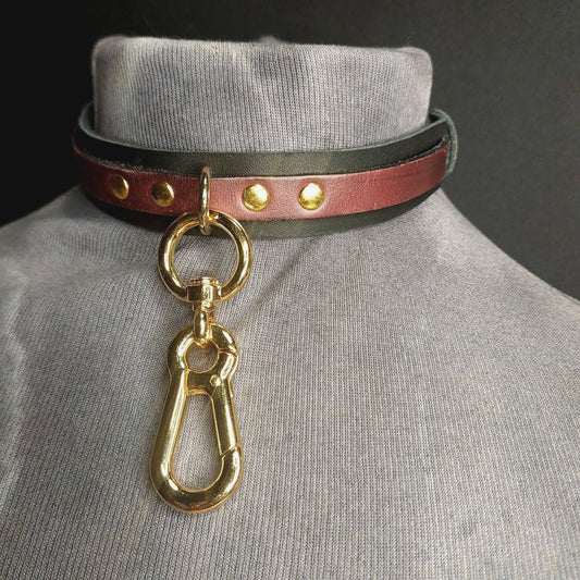 PB & J Plum and black leather choker with gold swivel snap and rivets. Handmade. Men's and women's.